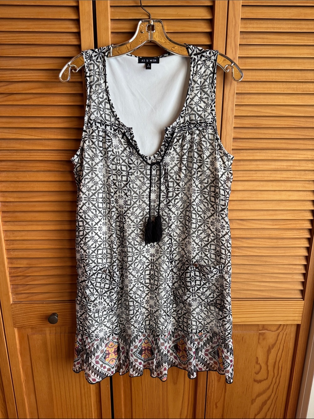 As U Wish MESH Black & White Printed Sleeveless dress with Tassel